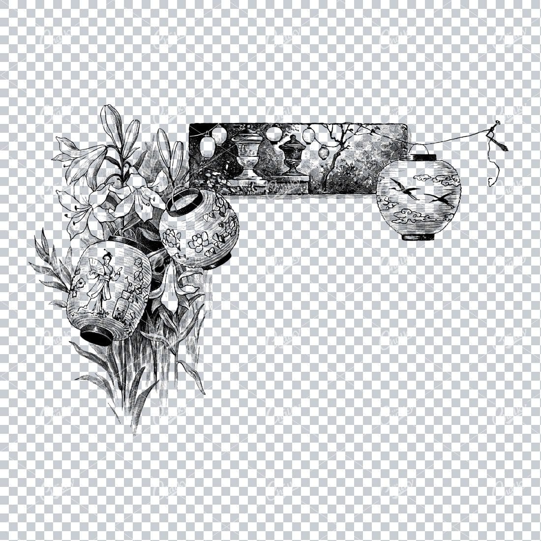Detailed Decorative Line Art Engraving of Japanese Lanterns and Flowers