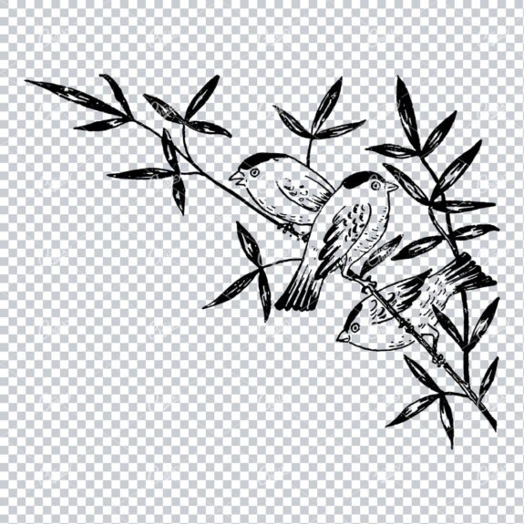 Simple Line Art Drawing of Three Birds on a Branch