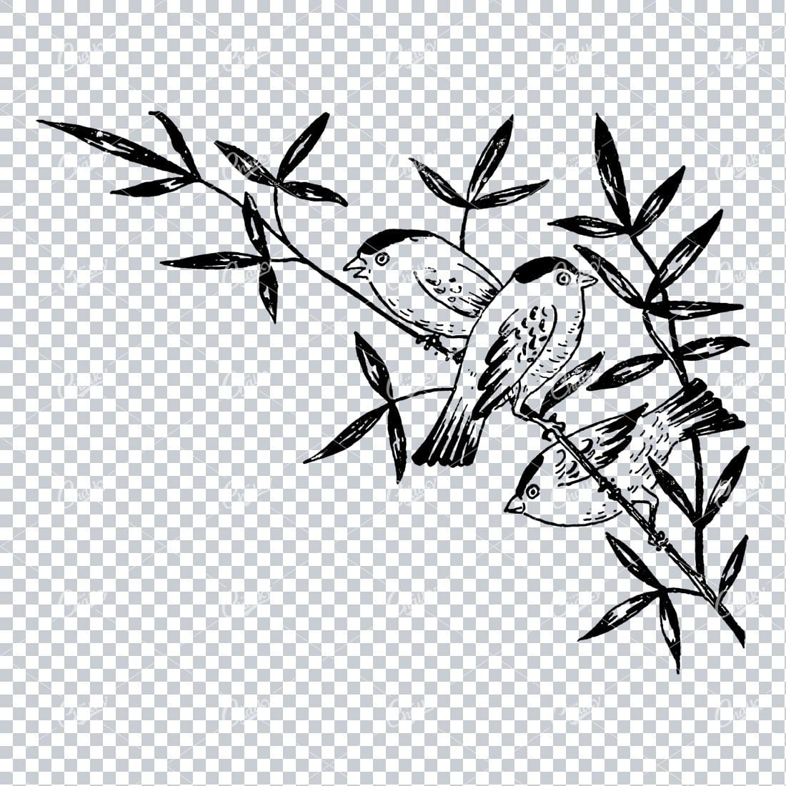 Simple Line Art Drawing of Three Birds on a Branch