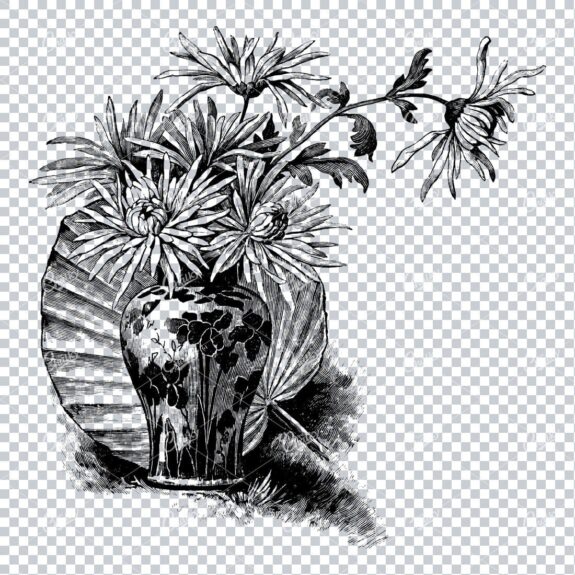 Japanese Inspired Illustration of a Vase and Flowers