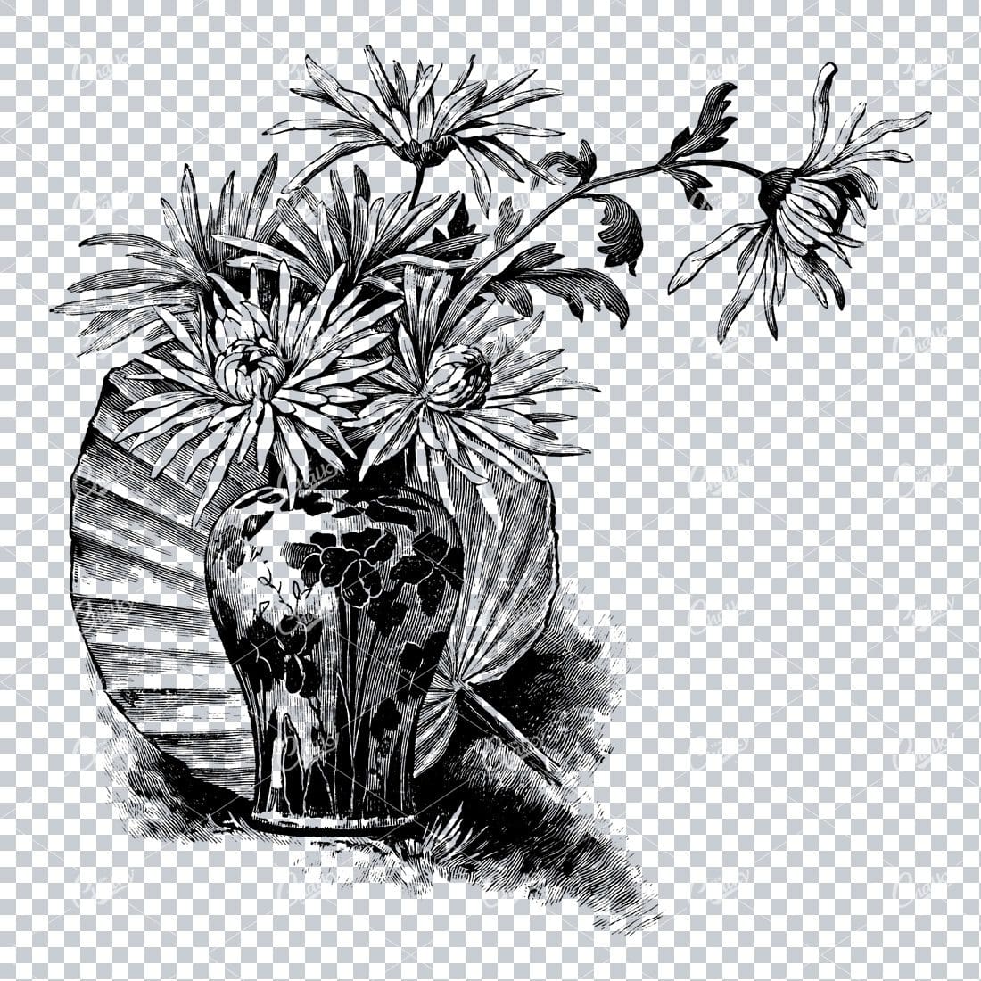 Japanese Inspired Illustration of a Vase and Flowers