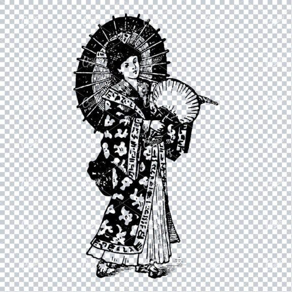 Illustration of Japanese Woman Holding Fan in Full Dress No.1