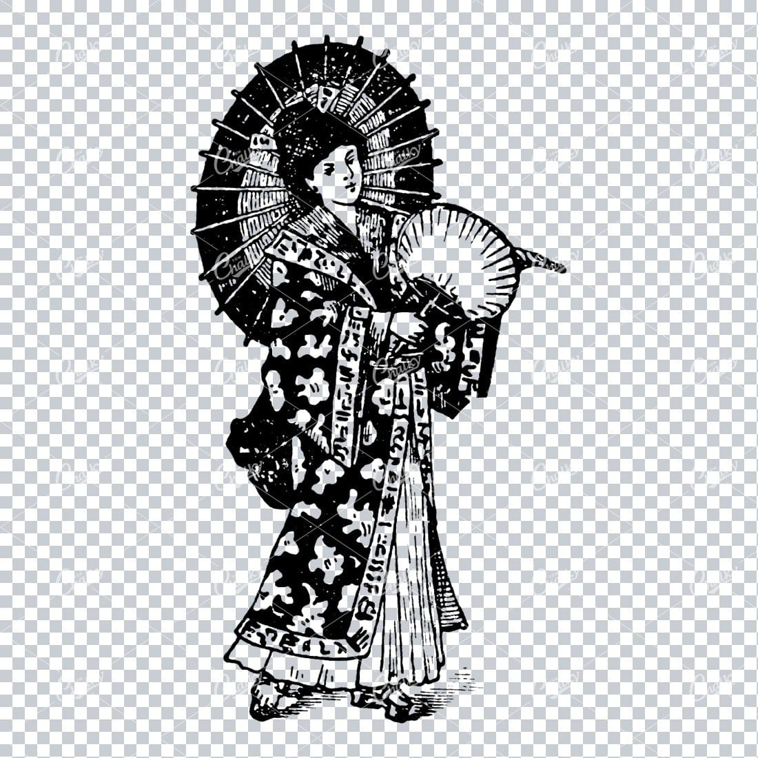 Illustration of Japanese Woman Holding Fan in Full Dress No.1