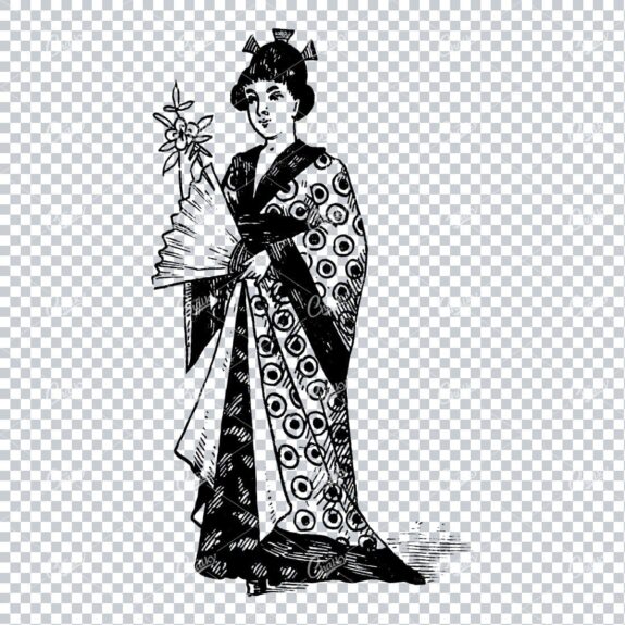 Illustration of Japanese Woman Holding Fan in Full Dress No.2