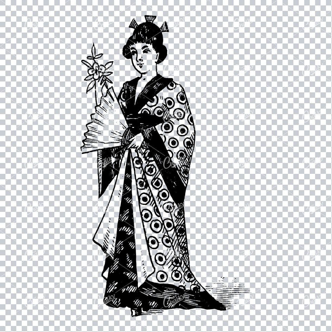 Illustration of Japanese Woman Holding Fan in Full Dress No.2
