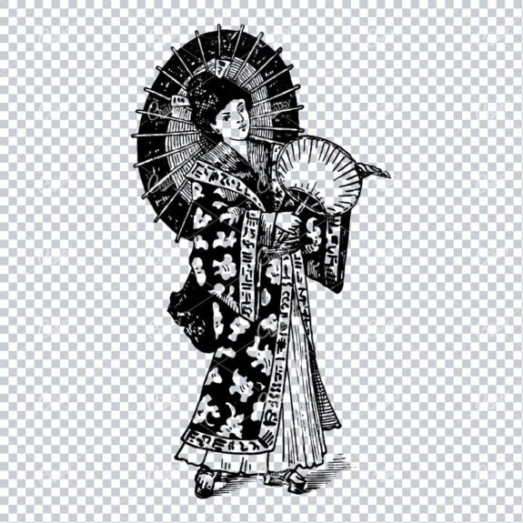 Illustration of Japanese Woman Holding Fan in Full Dress No.3