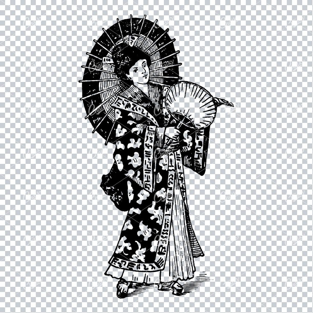 Illustration of Japanese Woman Holding Fan in Full Dress No.3