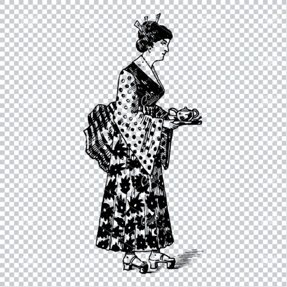 Illustration of Japanese Woman Holding Fan in Full Dress No.4