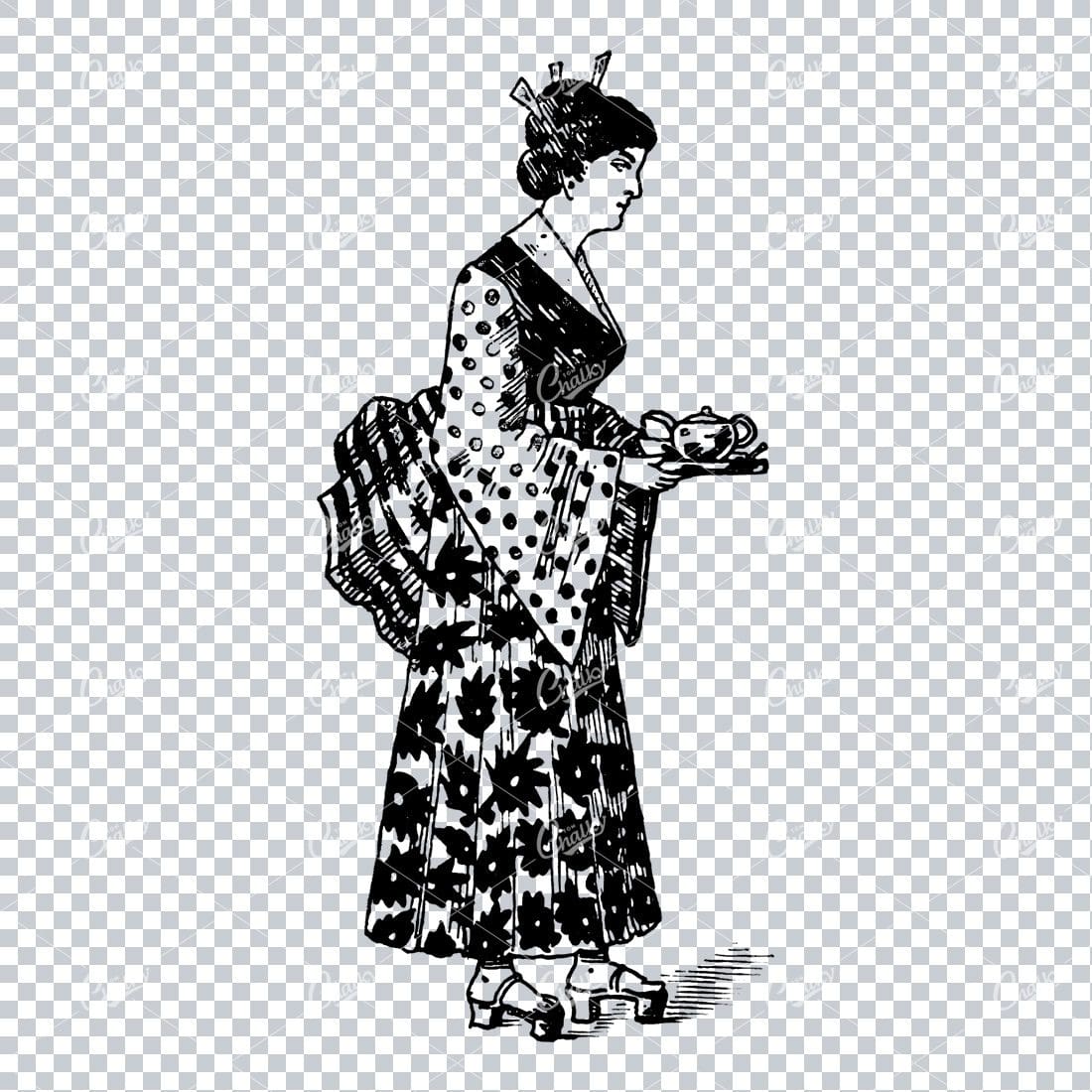 Illustration of Japanese Woman Holding Fan in Full Dress No.4