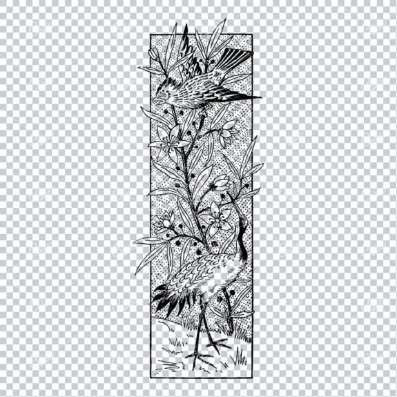 Japanese Inspired Illustration of a Crane and Bird on Branch