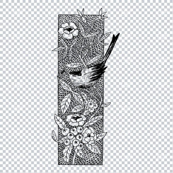 Decorative Line Art Illustration of a Bird Eating Bug in Bush with Flowers