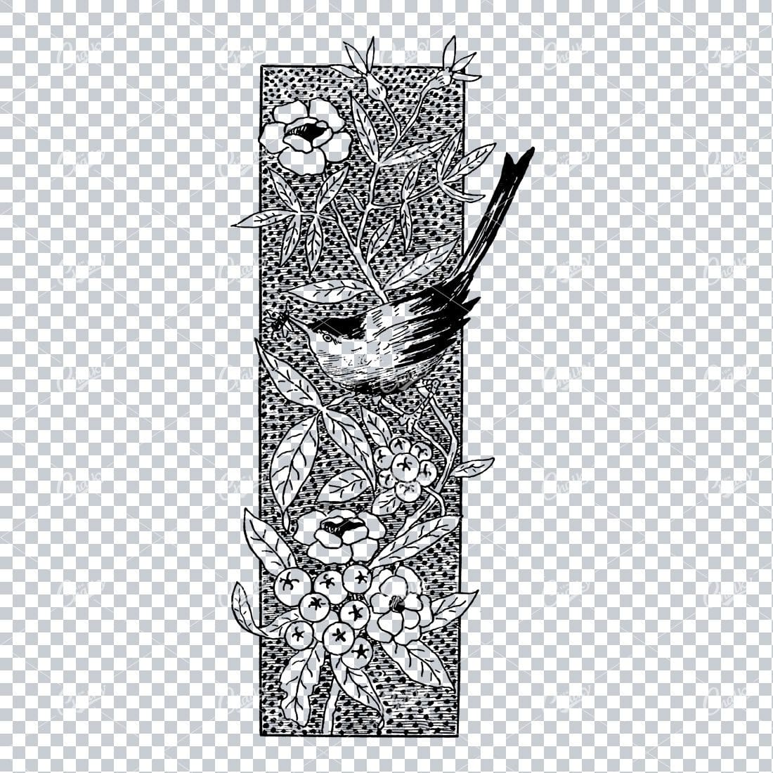 Decorative Line Art Illustration of a Bird Eating Bug in Bush with Flowers
