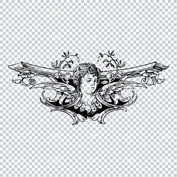 Antique Flourished Line Art Design Element with Cherub Face with Wings