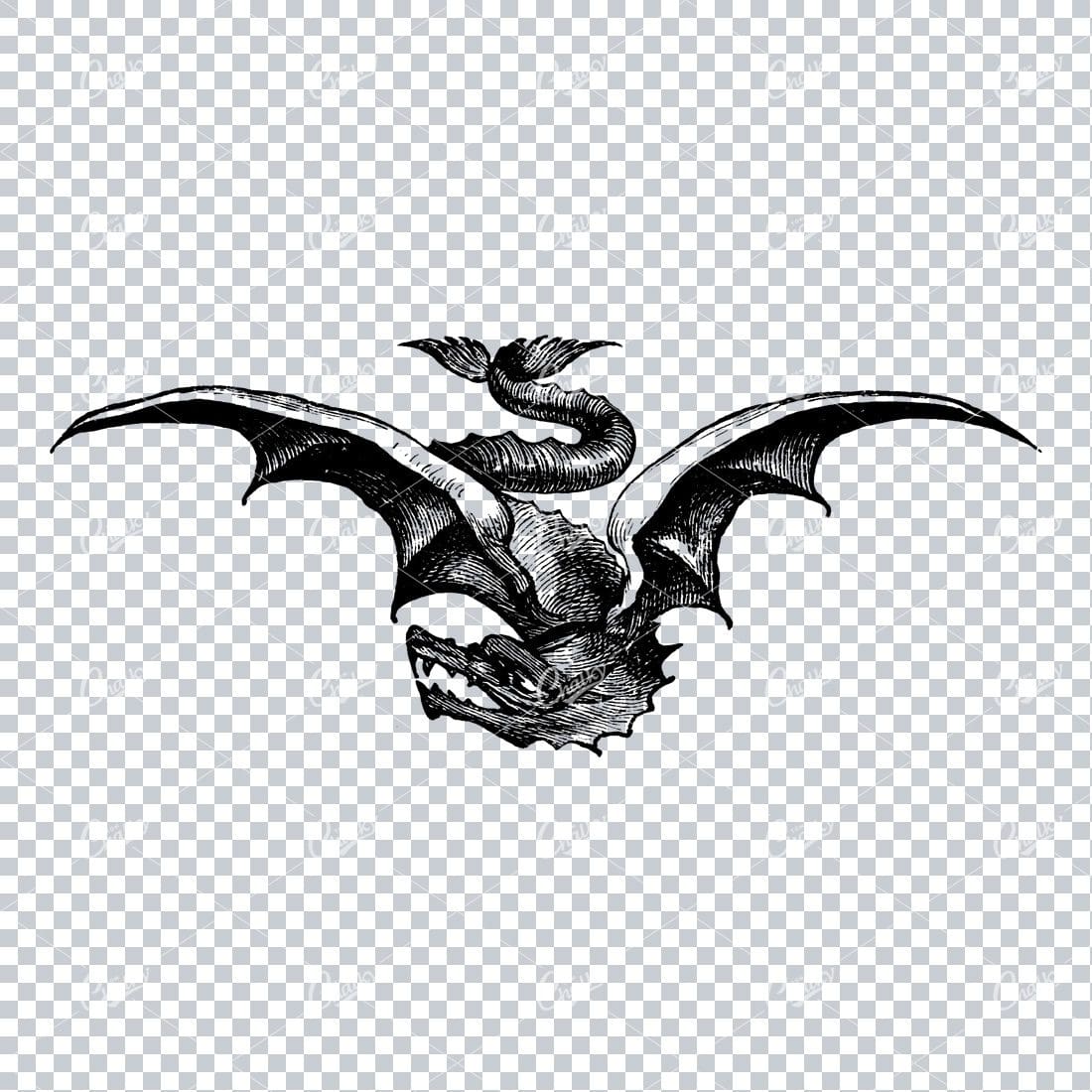 Detailed Line Art Drawing of a Flying Dragon