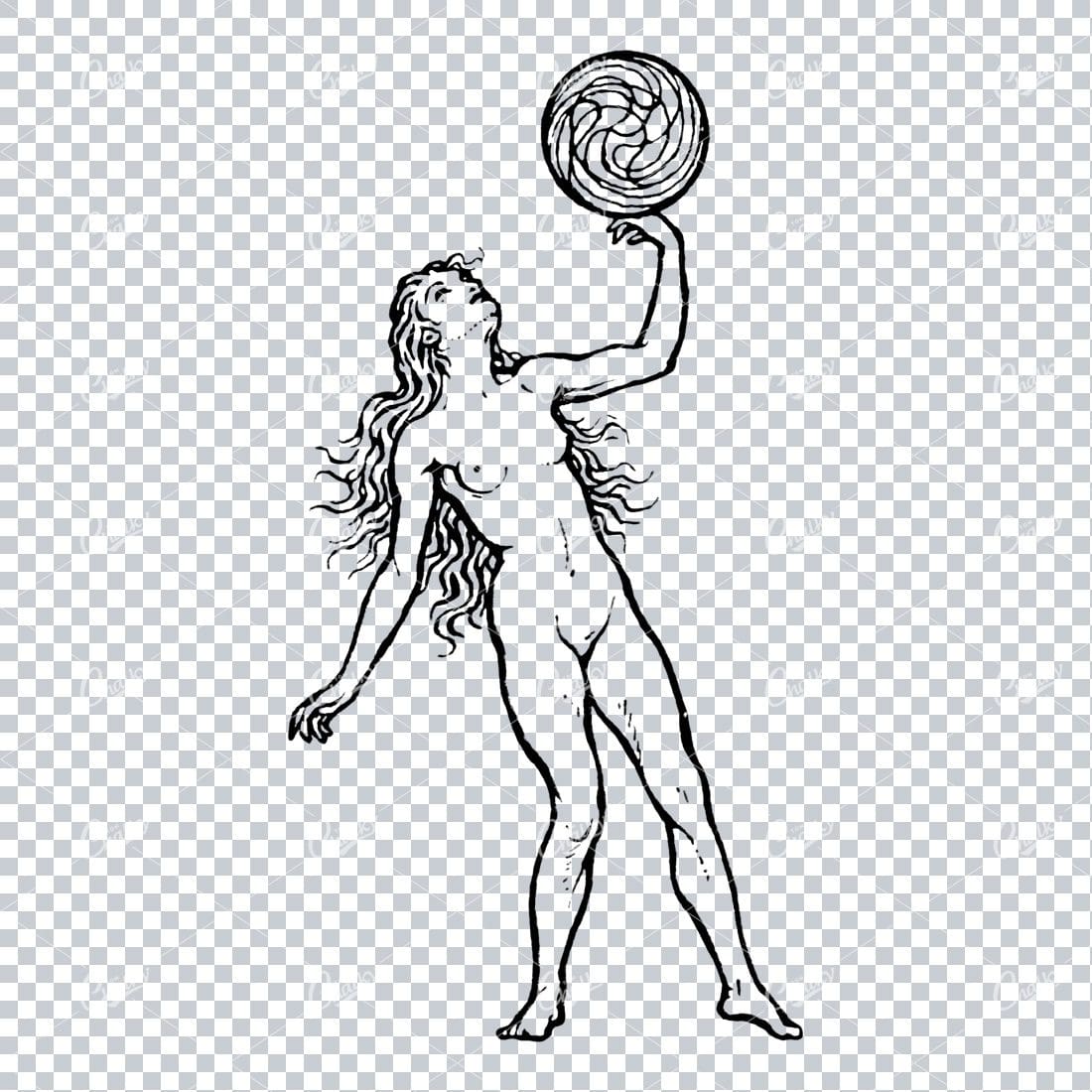 Vintage Line Art Illustration of Woman Hitting Volleyball