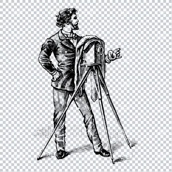 Vintage Illustration of a Photographer Standing Next to Old Plate Camera