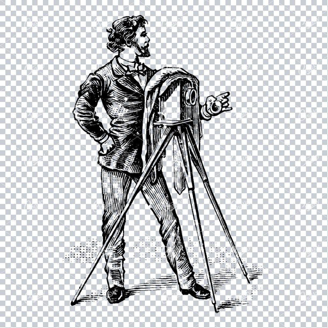 Vintage Illustration of a Photographer Standing Next to Old Plate Camera