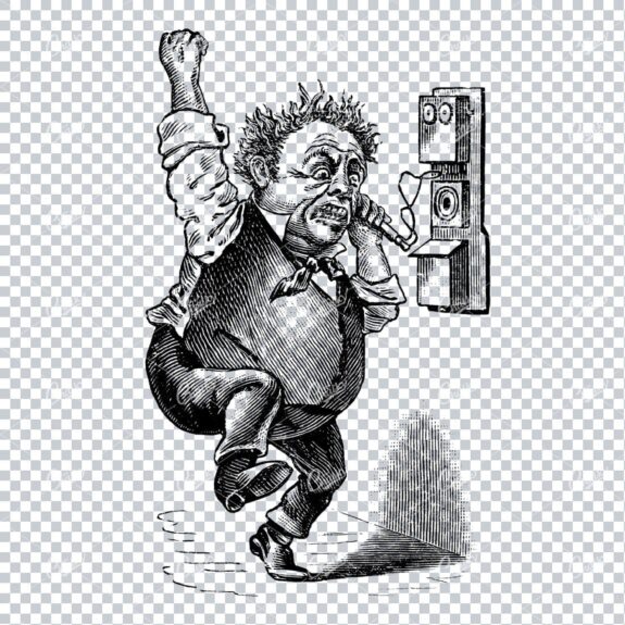 Vintage Line Art Illustration of an Angry Man on the Phone