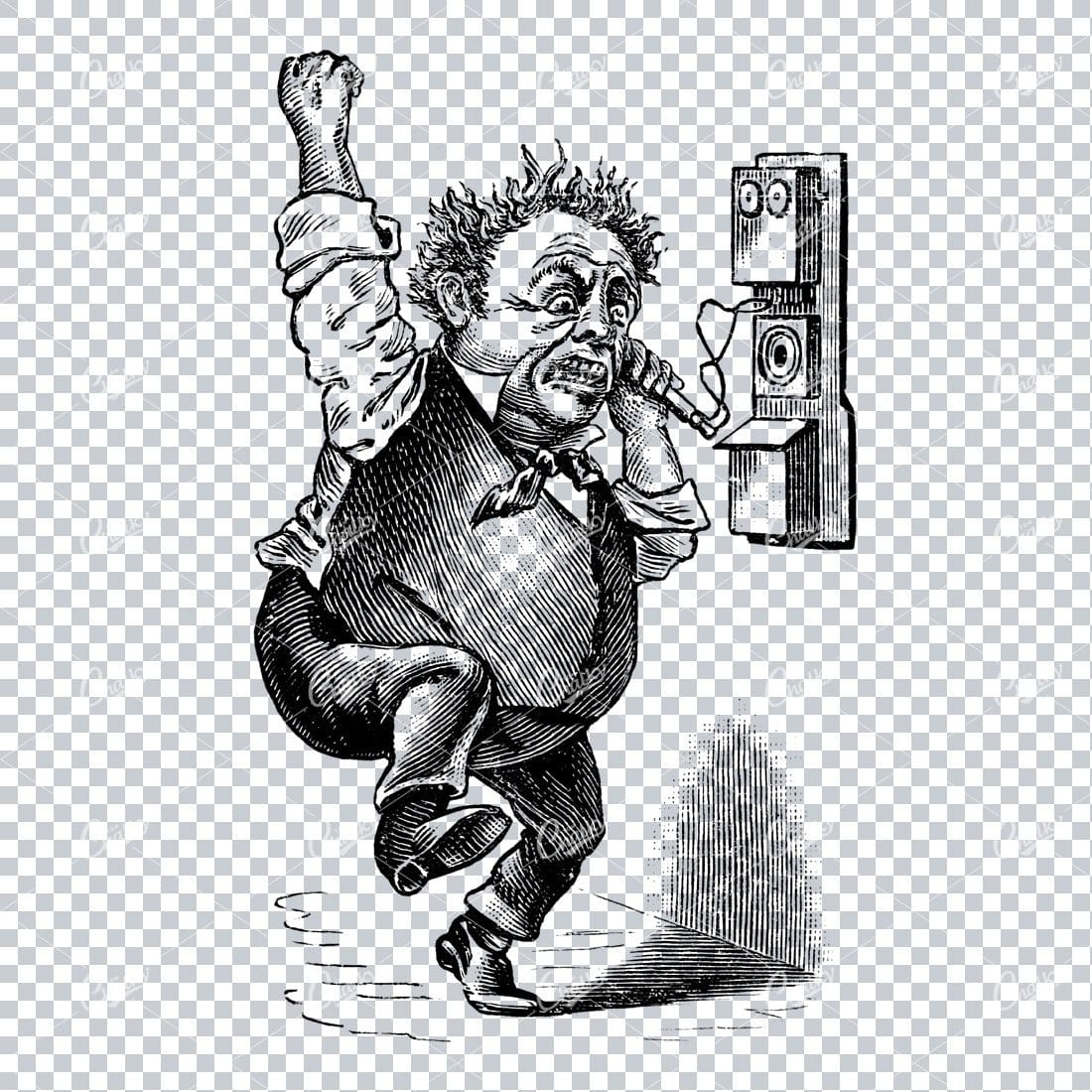 Vintage Line Art Illustration of an Angry Man on the Phone