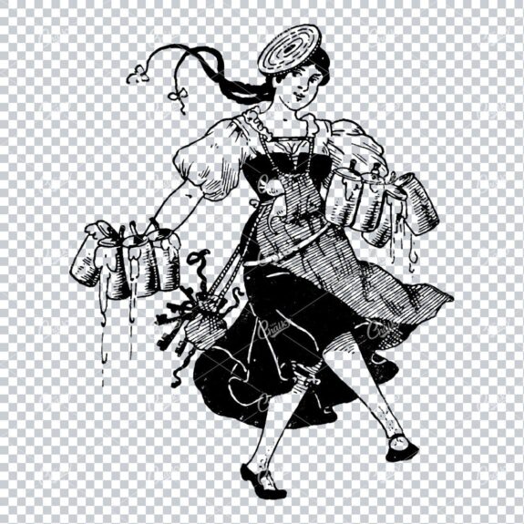Vintage Illustration of Bar Maid Carrying Pints of Beer
