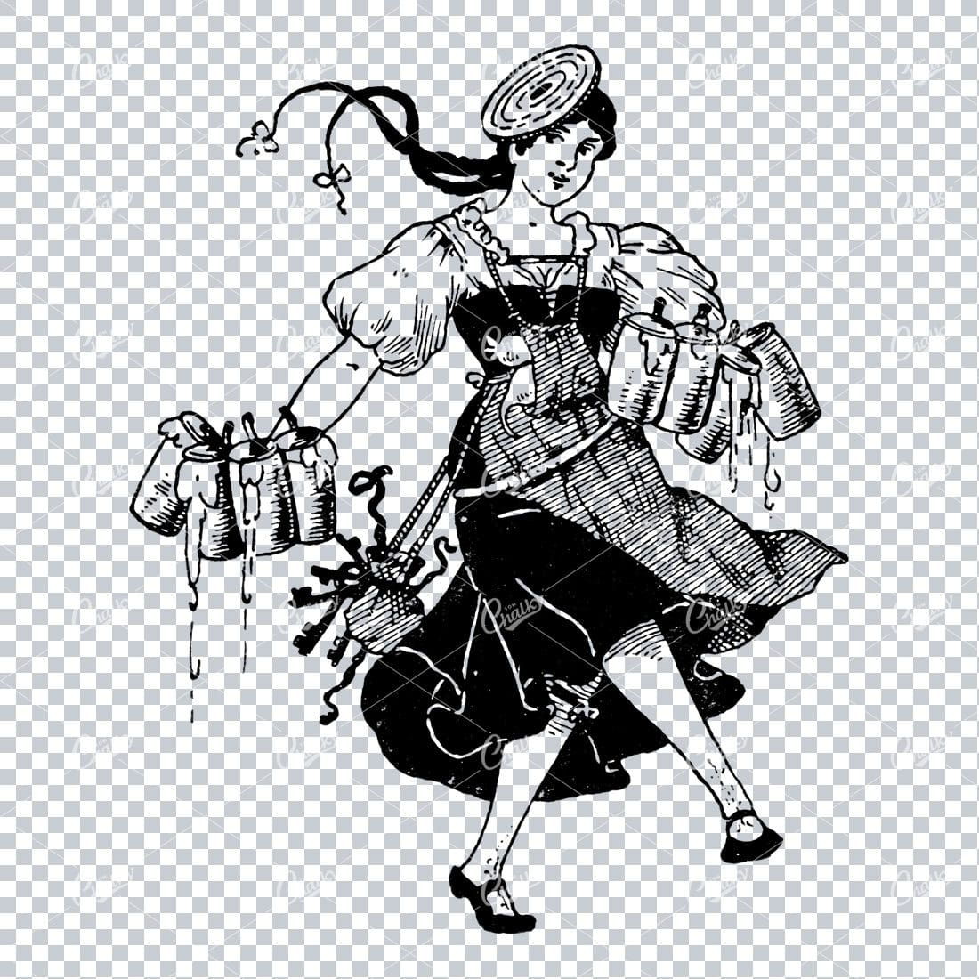 Vintage Illustration of Bar Maid Carrying Pints of Beer