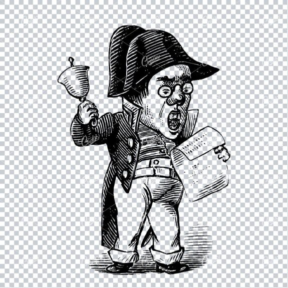 Caricature Illustration of a Victorian Town Crier with Bell and Paper