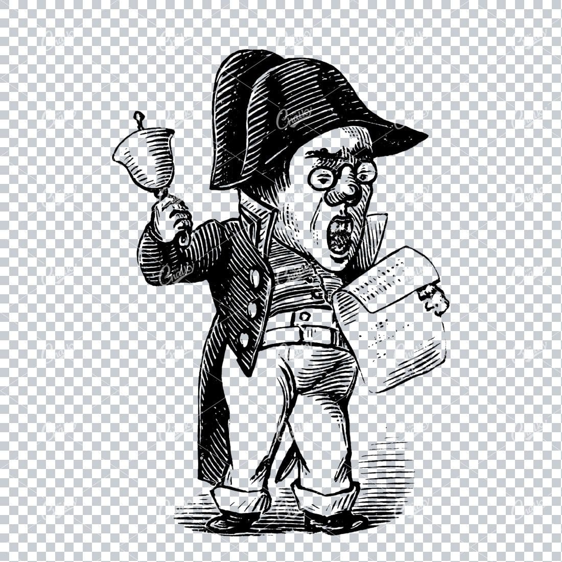 Caricature Illustration of a Victorian Town Crier with Bell and Paper
