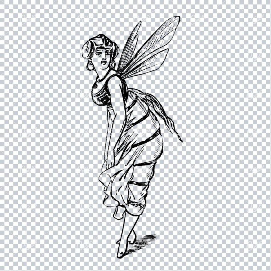 Winged Fairy In Flowing Drapery With Turbaned Headpiece - Black And White Linework, Poised On Tiptoe In Profile