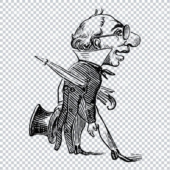 Caricature Illustration of a Victorian Man with Top Hat in Hand and Umbrella