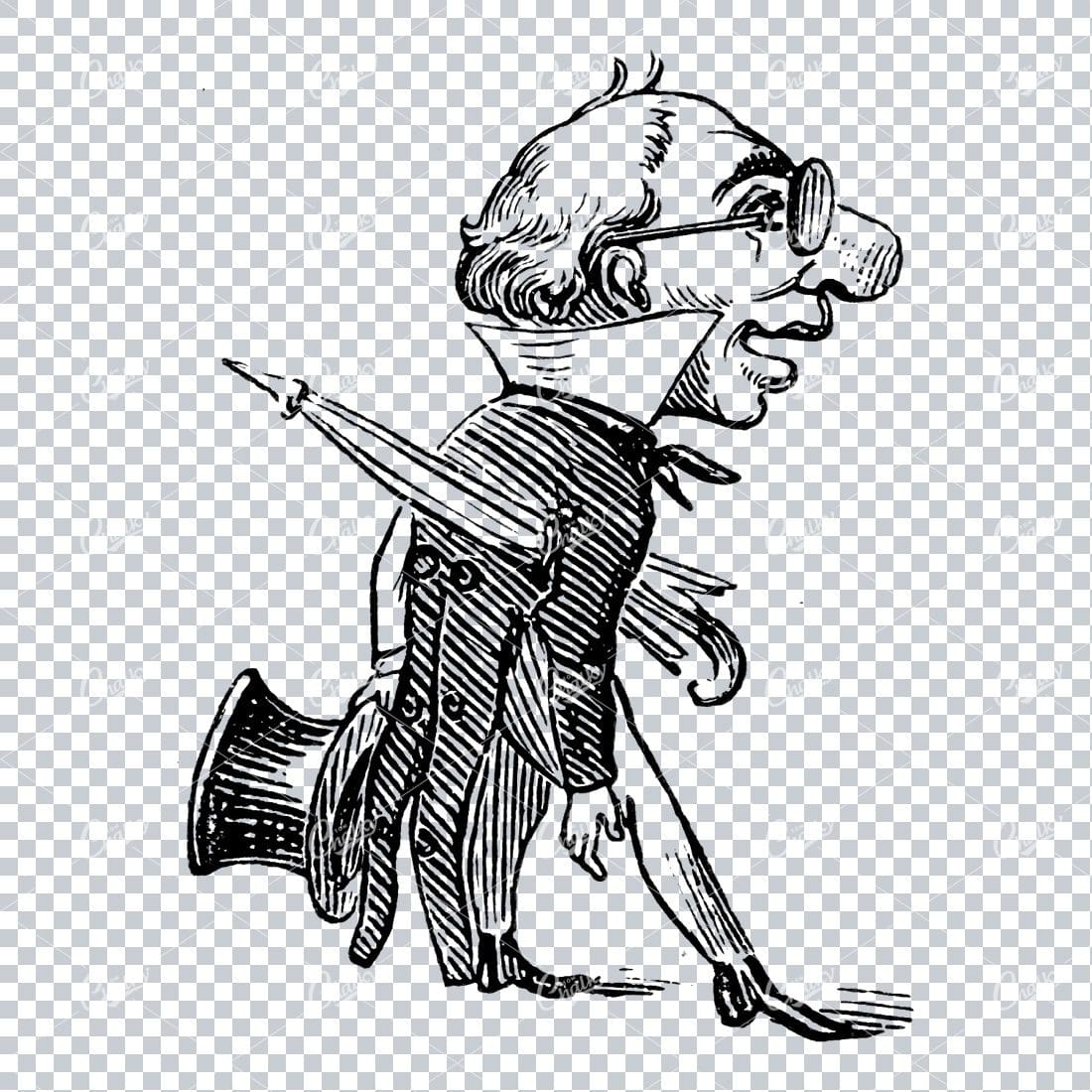 Caricature Illustration of a Victorian Man with Top Hat in Hand and Umbrella
