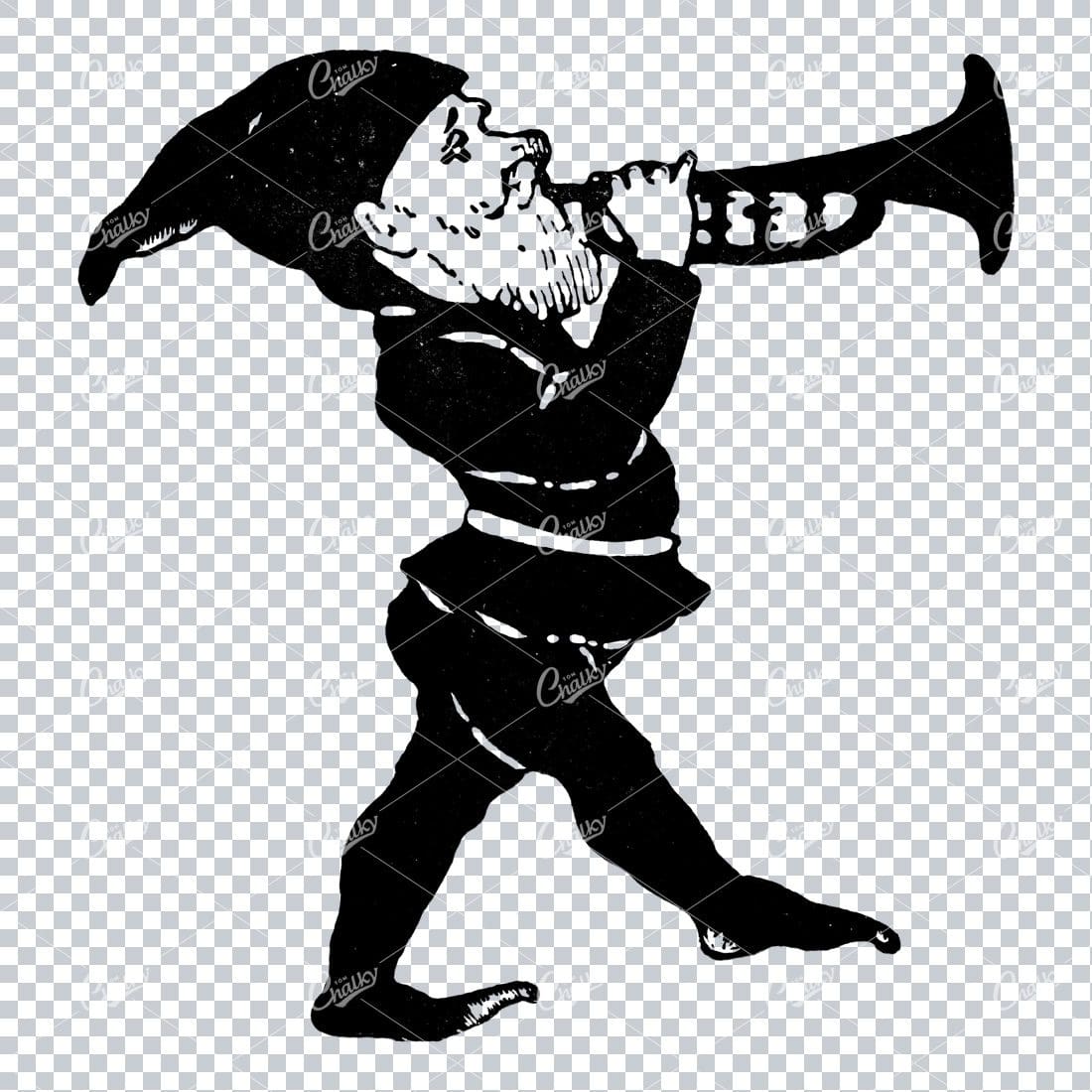 Caricature Illustration of a Gnome Playing the Trumpet