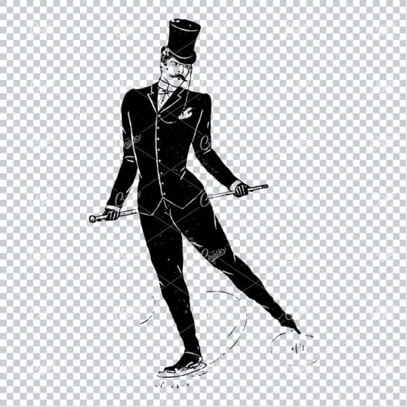 Vintage Character Illustration of a Man in Suit Ice Skating