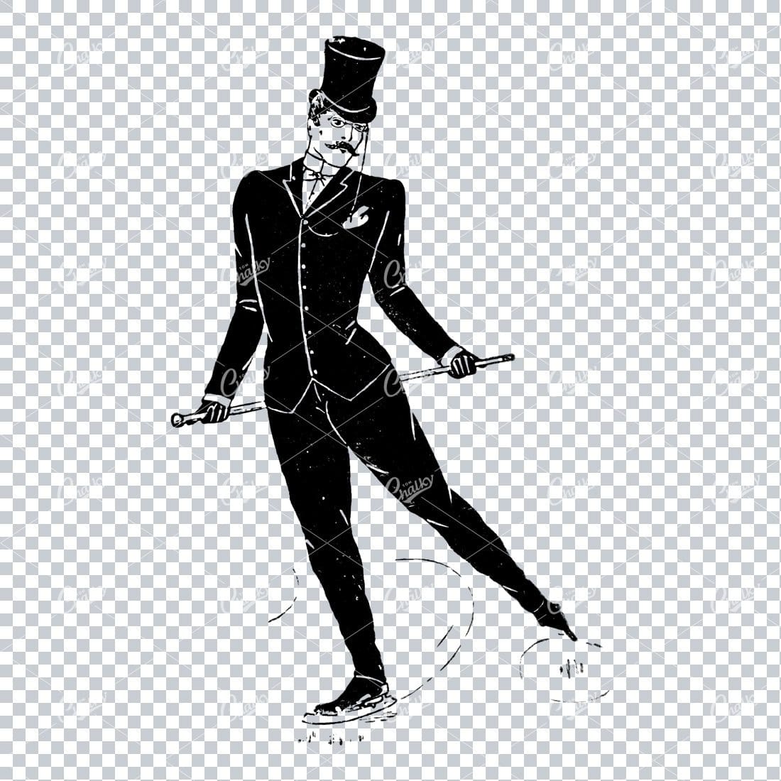 Vintage Character Illustration of a Man in Suit Ice Skating