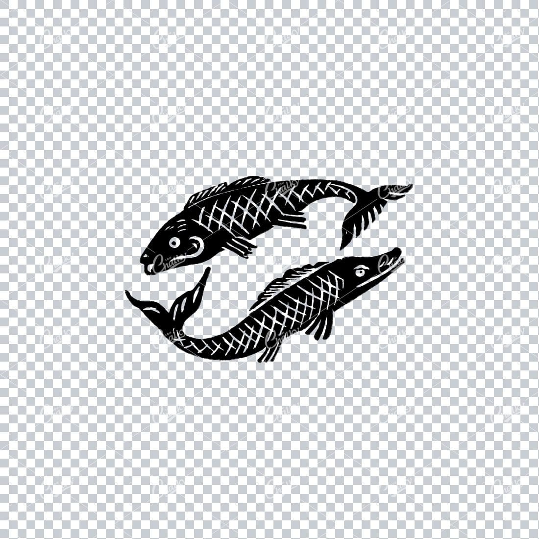 Vintage Line Art Illustration of Two Fishes
