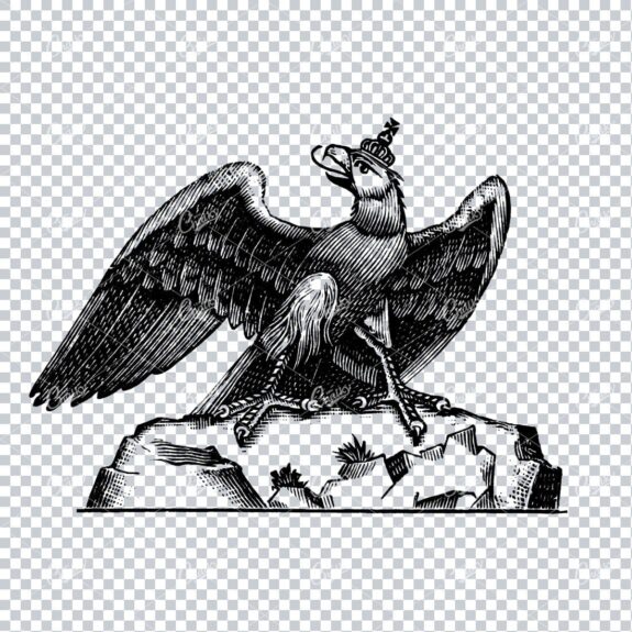 Old Illustration of an Eagle Wearing a Crown Standing on Rock