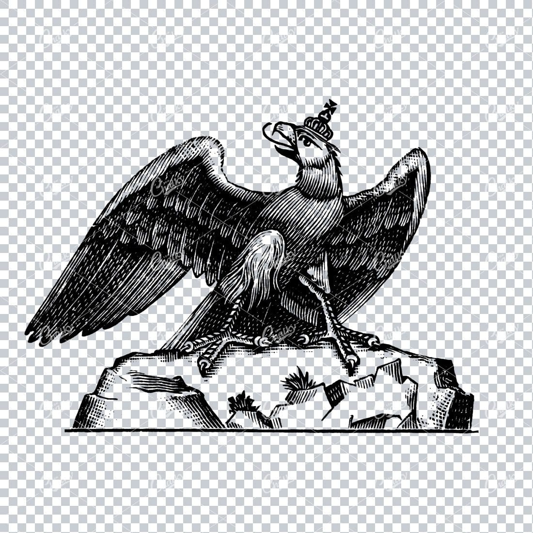 Old Illustration of an Eagle Wearing a Crown Standing on Rock