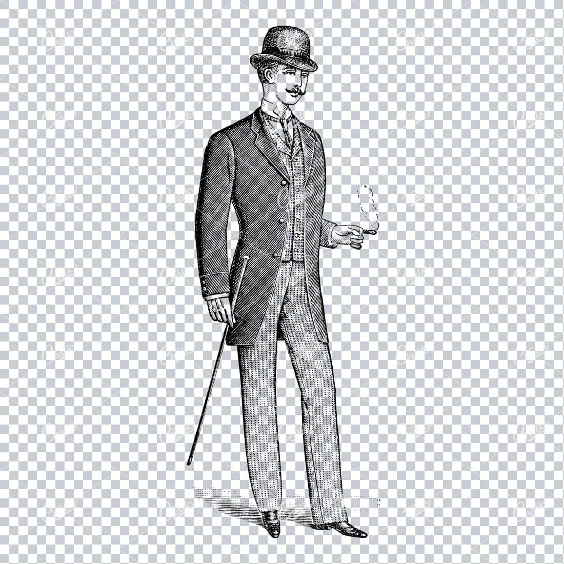 Vintage Fashion Illustration of a Man Smoking in Top Hat and Suit with Cane
