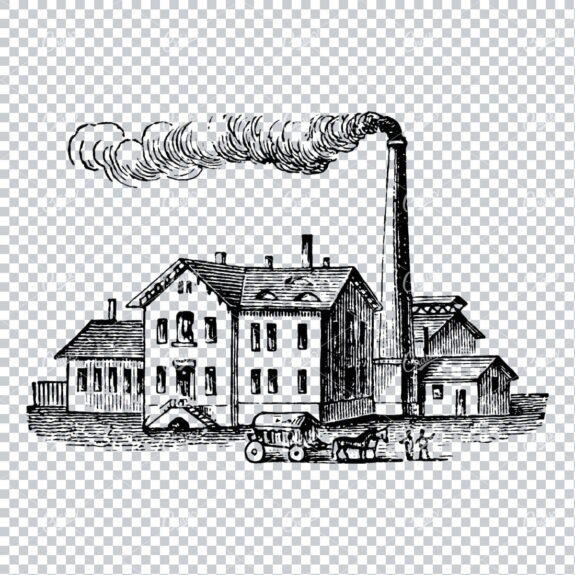 Vintage Line Art Drawing of a Small Town Scene No.1
