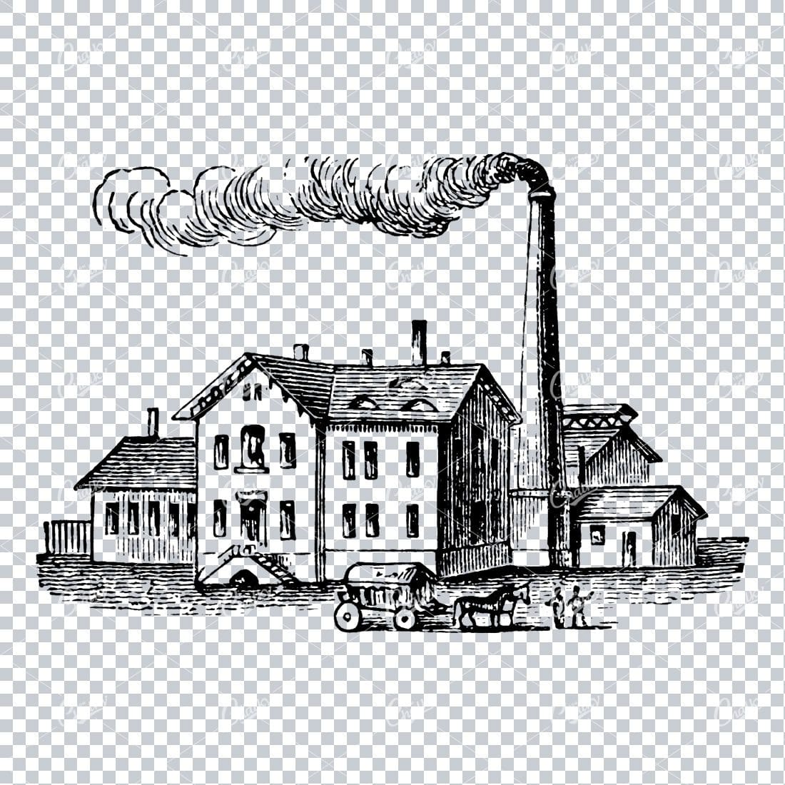 Vintage Line Art Drawing of a Small Town Scene No.1