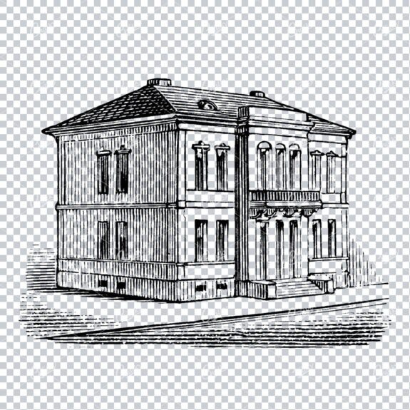 Vintage Line Art Drawing of a Small Town Scene No.2