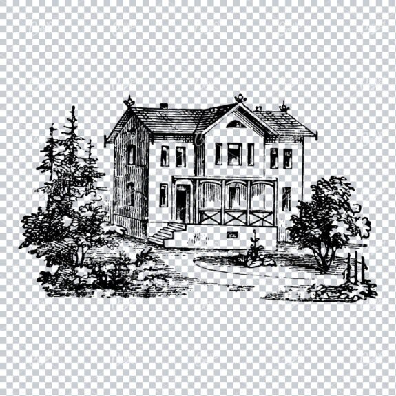 Vintage Line Art Drawing of a Small Town Scene No.3