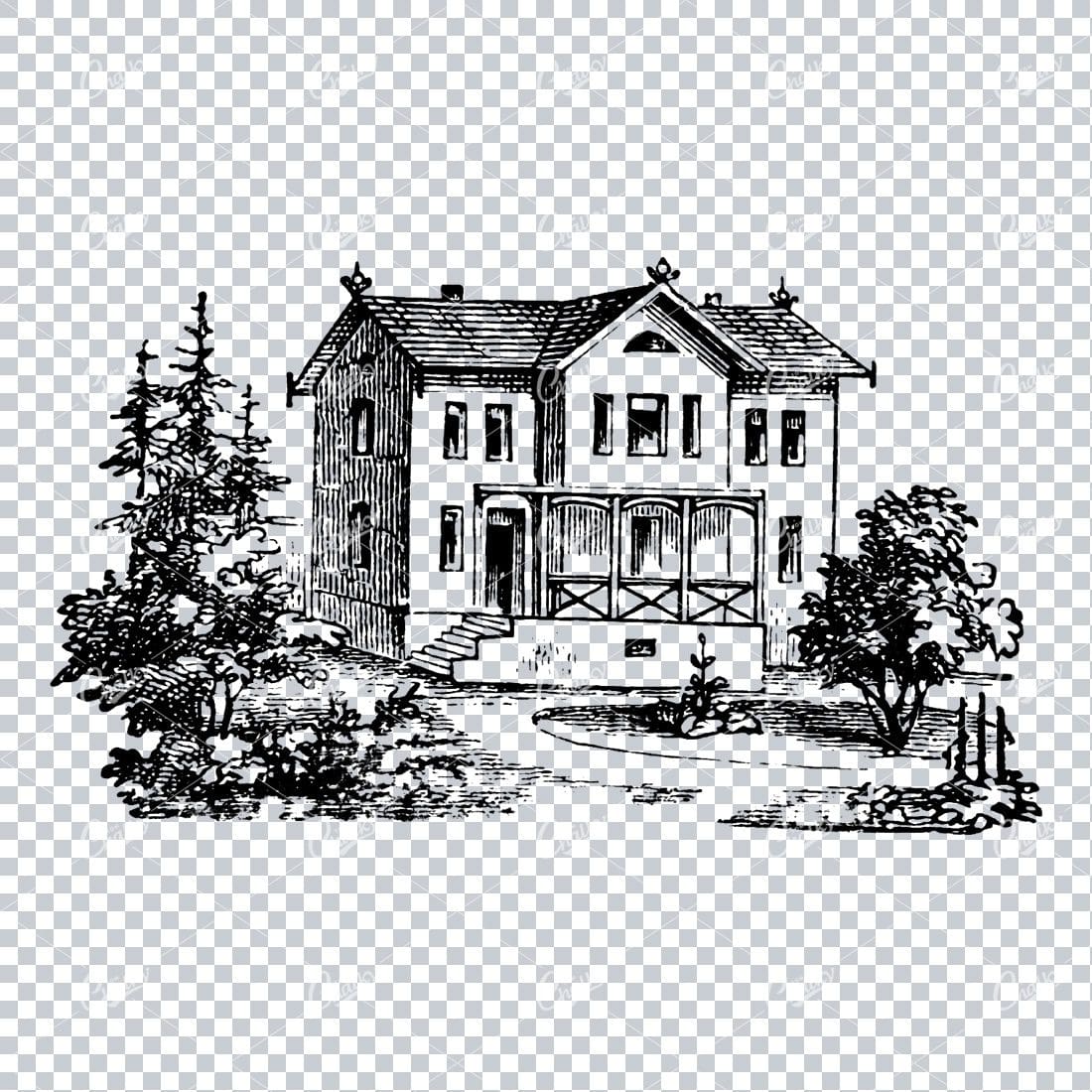 Vintage Line Art Drawing of a Small Town Scene No.3