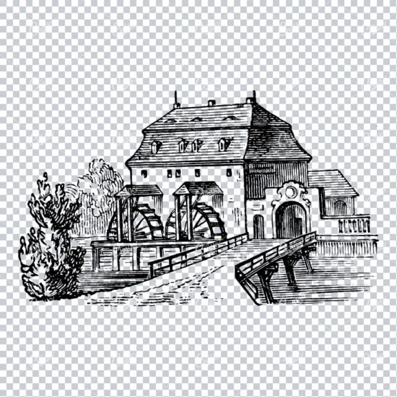 Vintage Line Art Drawing of a Small Town Scene No.4