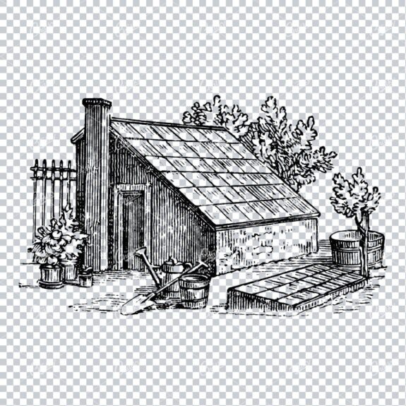 Vintage Line Art Drawing of a Small Town Scene No.5