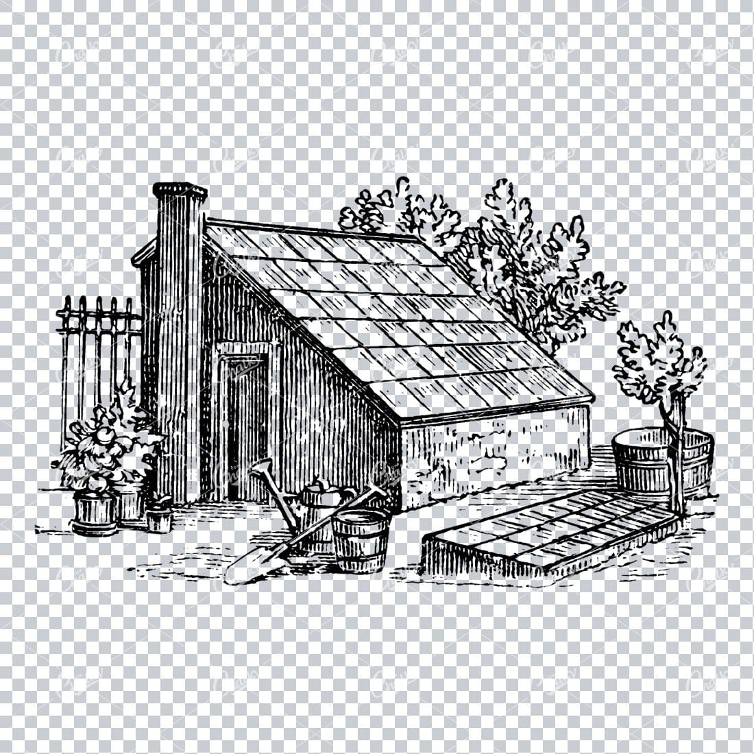 Vintage Line Art Drawing of a Small Town Scene No.5