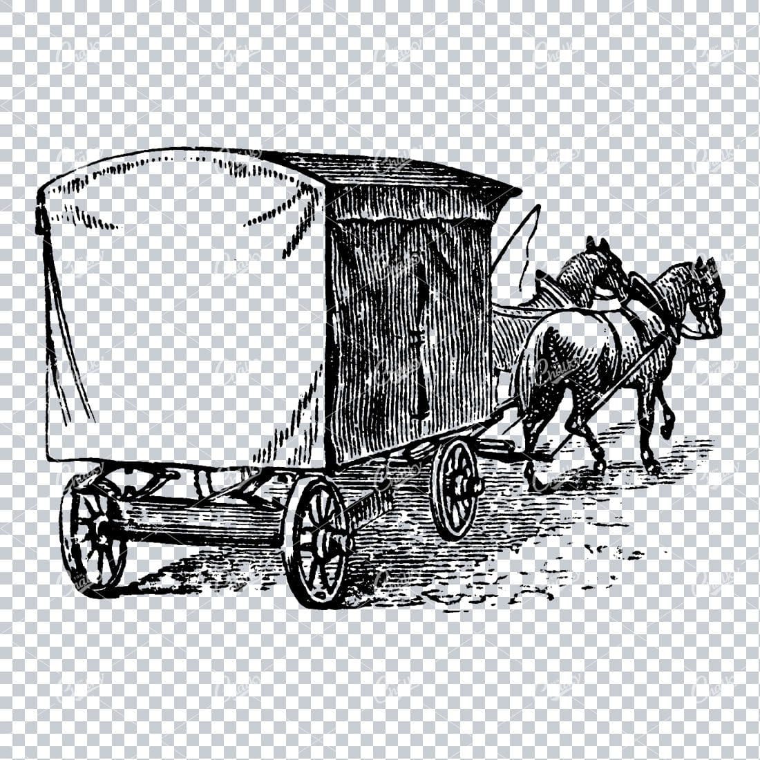 Vintage Line Art Drawing of a Horse Drawn Carriage No.3