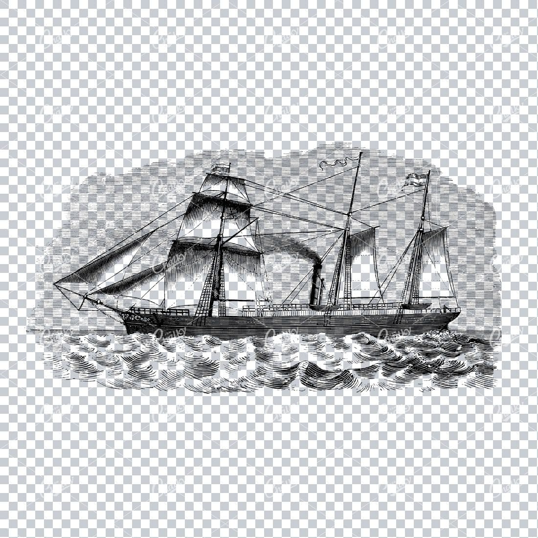 Detailed Illustration of an Old Ship Sailing the Sea No.1