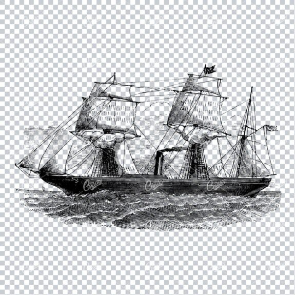 Detailed Illustration of an Old Ship Sailing the Sea No.2