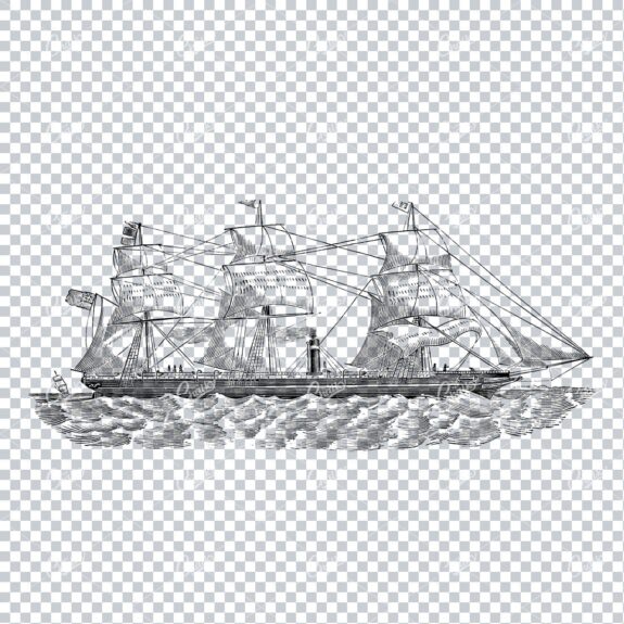 Detailed Illustration of an Old Ship Sailing the Sea No.4