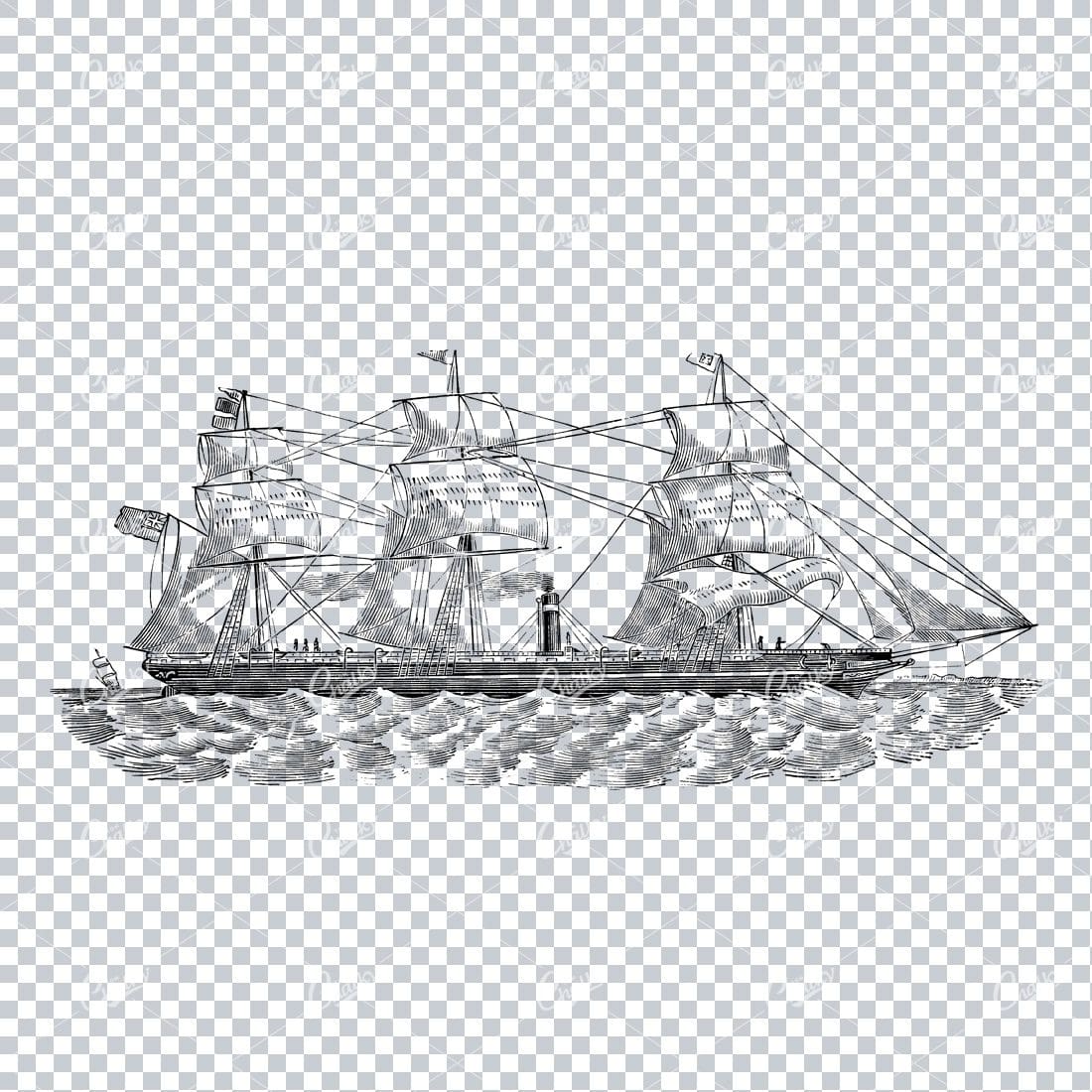 Detailed Illustration of an Old Ship Sailing the Sea No.4